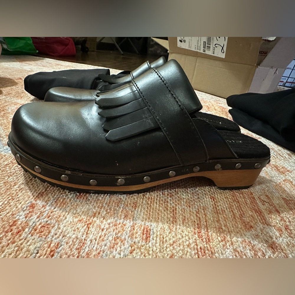 Kelsi Dagger Brooklyn Hibby studded wood bottom clog leather fringe top size 9.5 - Picture 4 of 7